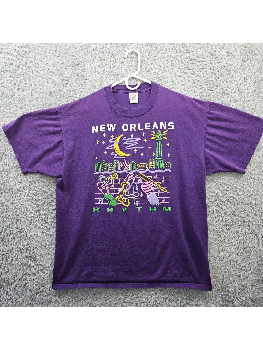Vintage 90s New Orleans Rhythm Jazz T Shirt JERZEES XL Made in USA Textured